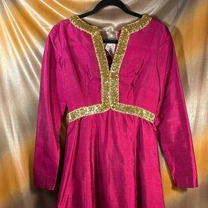 Vintage‎ 60’s raspberry linedPink shantung silk maxi Dress Gold Sequin Trim 151